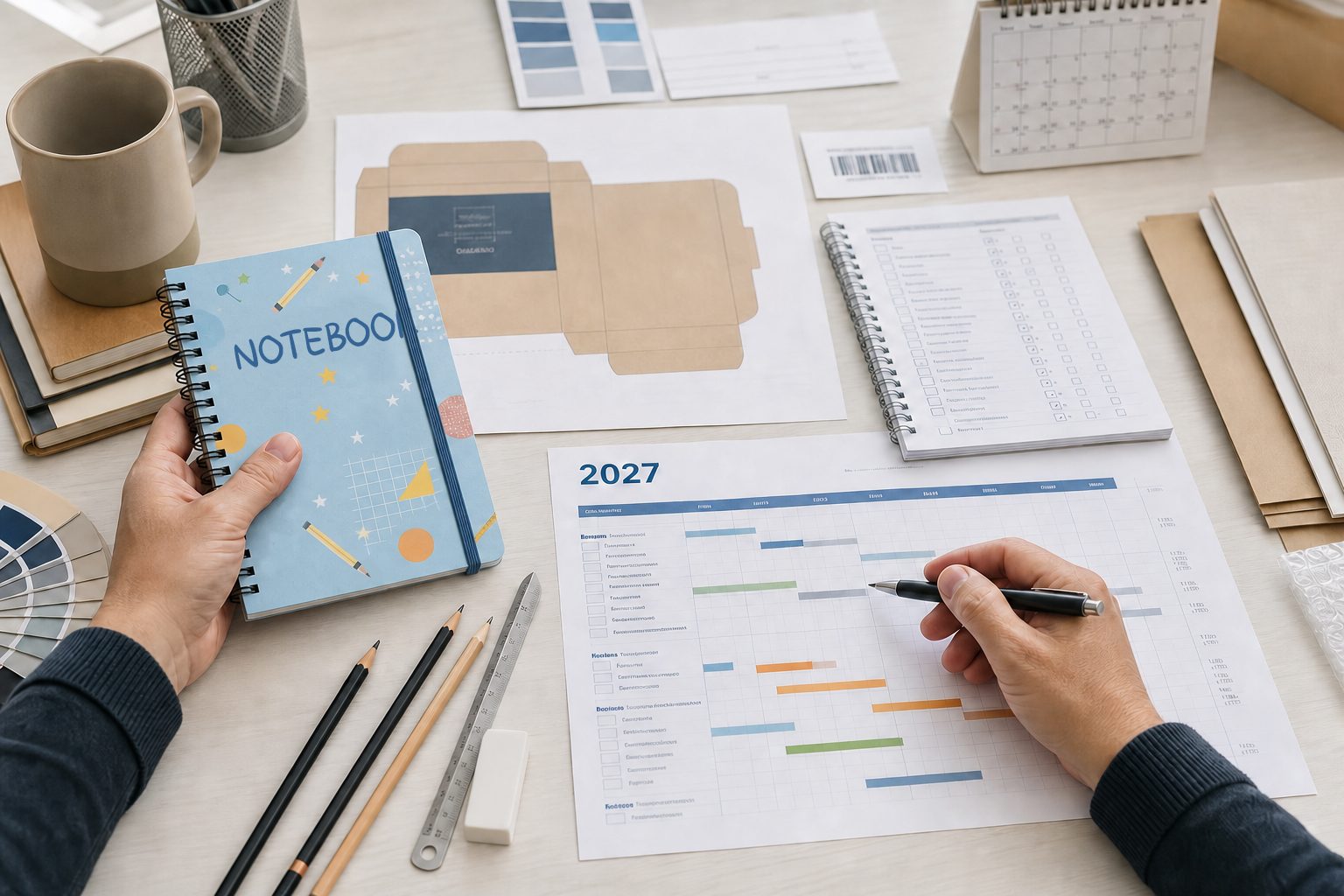 Retail buyer reviewing a student notebook sample and the 2027 stationery production schedule